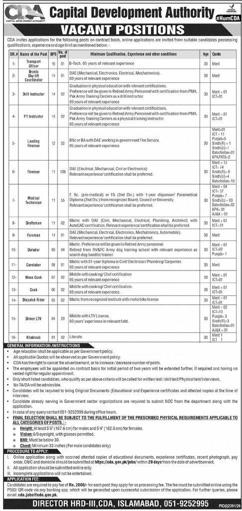 CDA Jobs 2026 – Apply Online for Vacancies in Islamabad