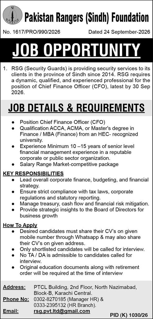 Pakistan Rangers Sindh Foundation Jobs 2026
