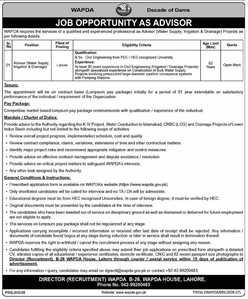 WAPDA Advisor Jobs 2026