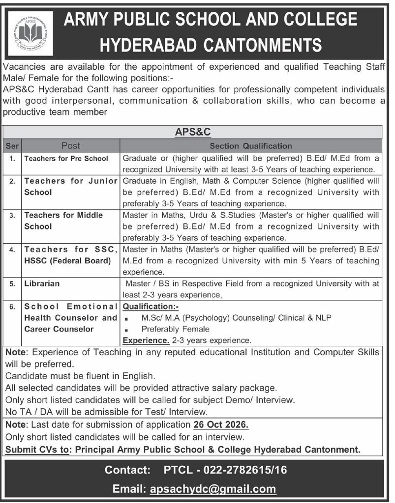 Army Public School Hyderabad Jobs