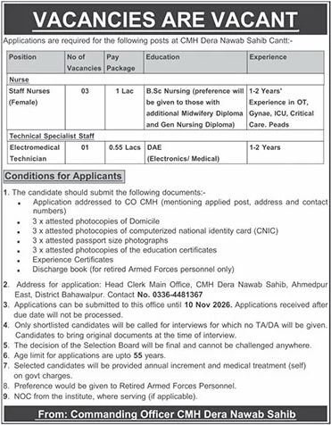 CMH Dera Nawab Sahib Jobs
