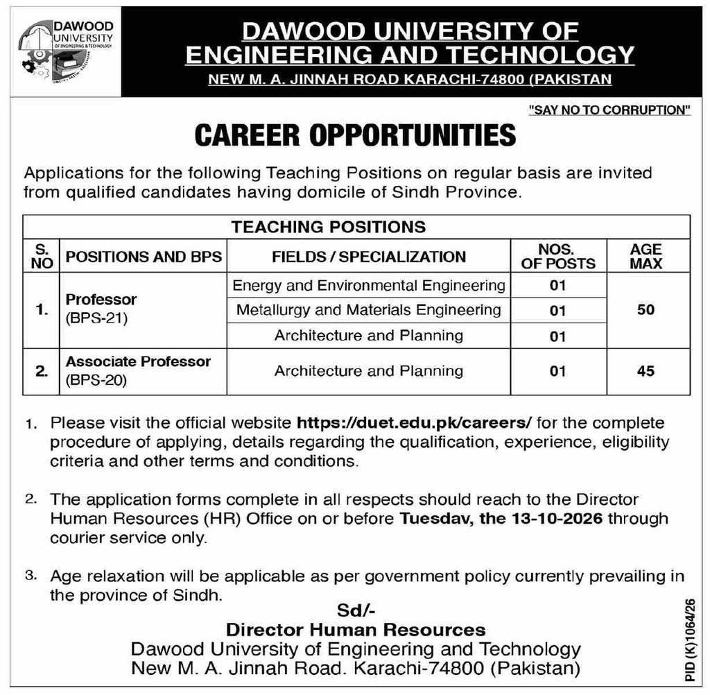 DUET Faculty Jobs