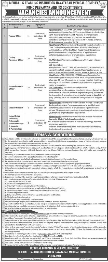 HMC Peshawar ETEA Jobs