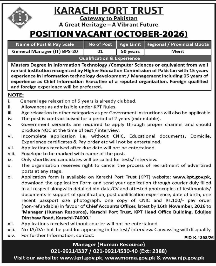 KPT General Manager IT Jobs