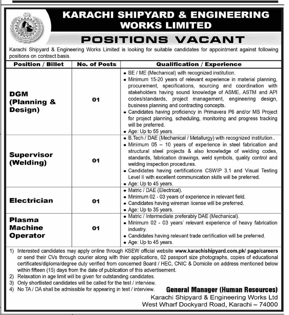 Karachi Shipyard Technical Positions