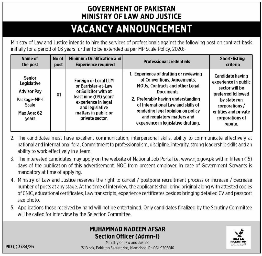 Ministry of Law & Justice Legislative Advisor Jobs
