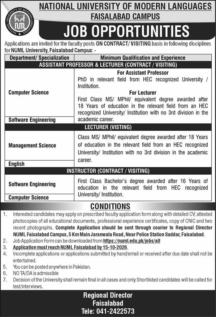 NUML Faisalabad Jobs