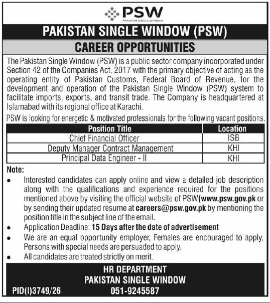 Pakistan Single Window PSW Jobs
