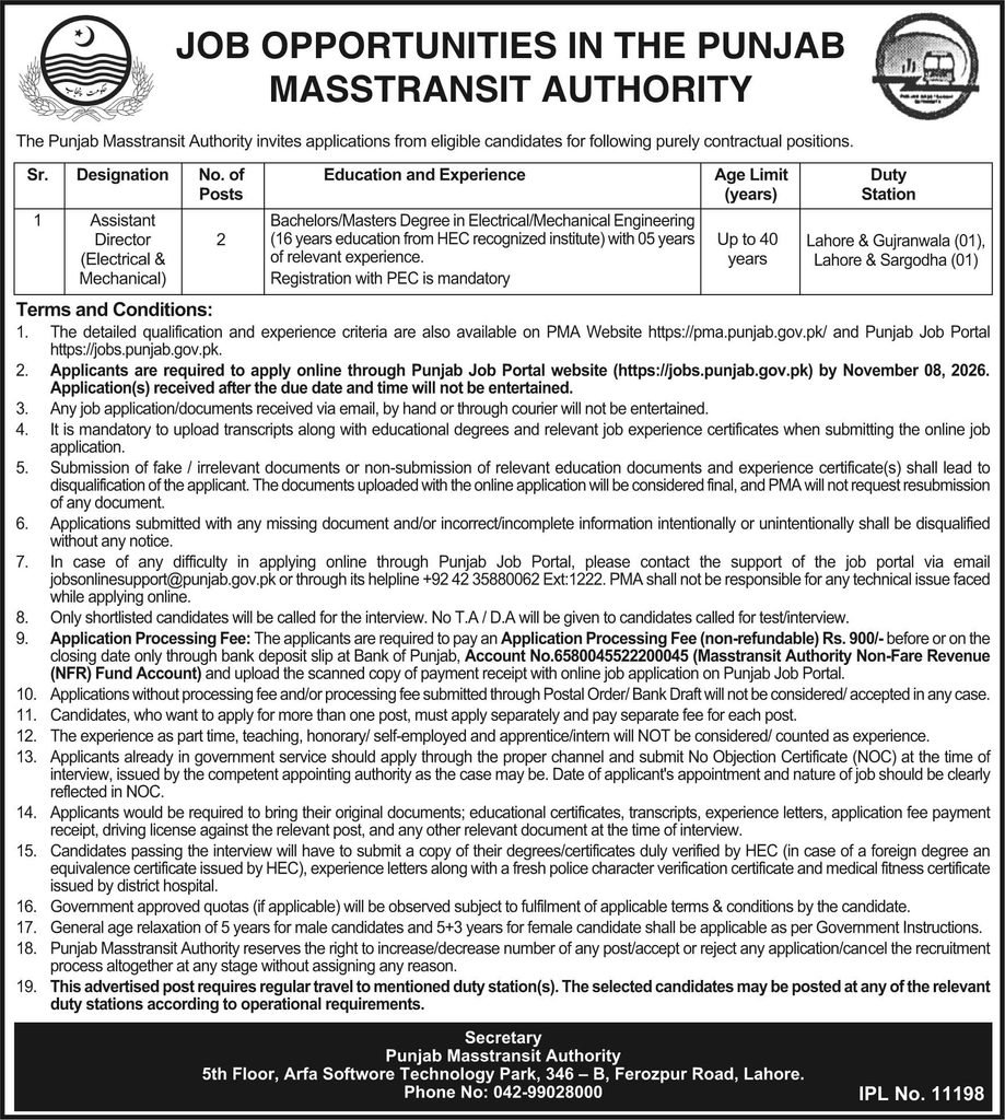 Punjab Masstransit Authority Assistant Director Jobs