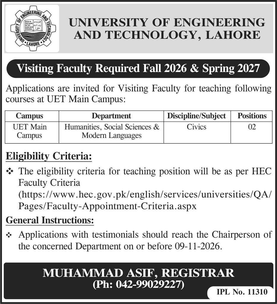UET Lahore Visiting Faculty Jobs
